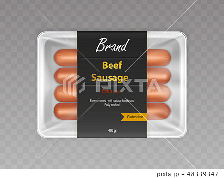 Beef sausages in sealed packaging realistic vector 48339347
