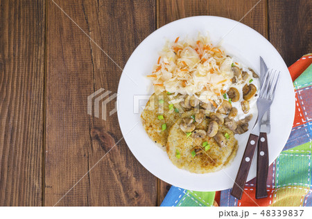 Rustic food concept. Fried potato pancakes with Rustic food concept. Fried potato pancakes with 48339837