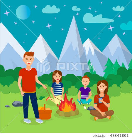 Summer Camping in Mountains Cartoon Illustration Summer Camping in Mountains Cartoon Illustration 48341801