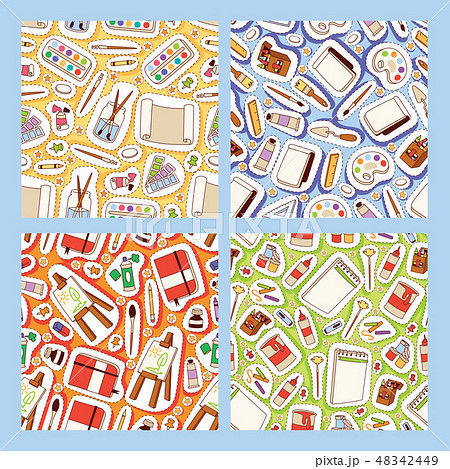 Art studio seamless pattern vector studying in art-school with artist tools watercolor paint brushes 48342449