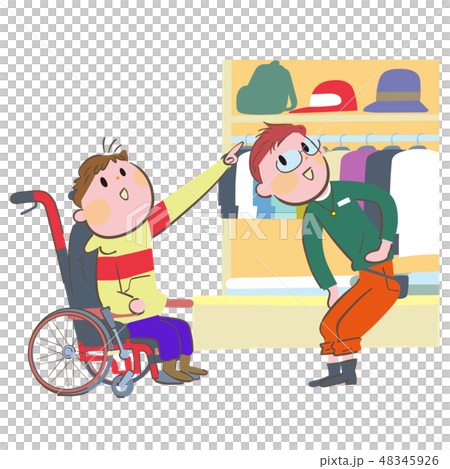 高い棚にある帽子を指さす車椅子に乗った男性と応対する男性店員 高い棚にある帽子を指さす車椅子に乗った男性と応対する男性店員 48345926
