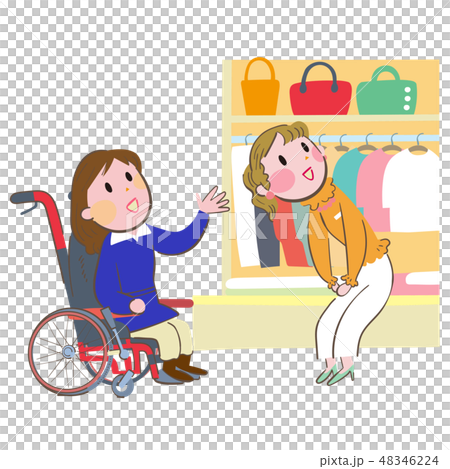 一名女職員,她對輪椅上的女人做出反應,指向高架子上的一個包 一名女職員,她對輪椅上的女人做出反應,指向高架子上的一個包 48346224