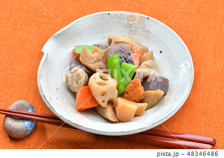 和食の煮もの、筑前煮、根菜野菜煮。竹輪、ゴボウ、蓮根、ニンジン、椎茸、こんにゃくの煮もの。 48346486