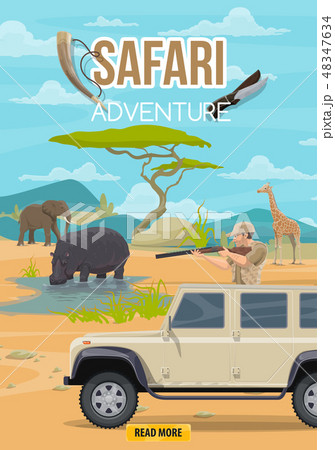 Safari Adventure Hunter And African Animalsのイラスト素材
