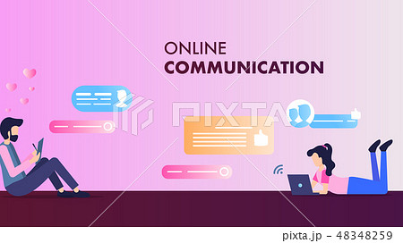 Woman Lay on Floor Man Sit Hold Tablet Online Chat 48348259