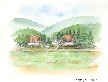 田舎の景色 水彩画のイラスト素材