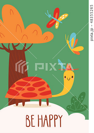 Vector card with a cute cartoon turtle 48355265