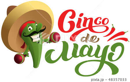 Mexican cactus in sombrero hat holding maracas 48357033