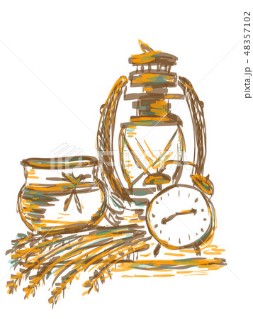 Still life with an old lamp, alarm clock and grain Still life with an old lamp, alarm clock and grain 48357102