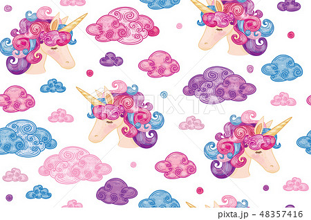 Vector cute seamless pattern, unicorns in clouds. Vector cute seamless pattern, unicorns in clouds. 48357416