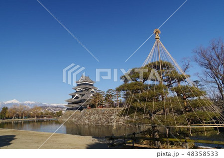 信州　国宝　冬の松本城　冠雪の北アルプスと　戦国時代建造の天守閣　松本観光の中心 48358533