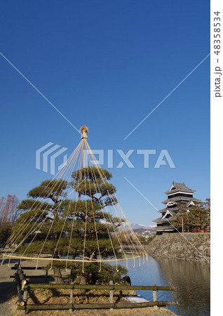 信州　国宝　冬の松本城　冠雪の北アルプスと　戦国時代建造の天守閣　松本観光の中心 48358534