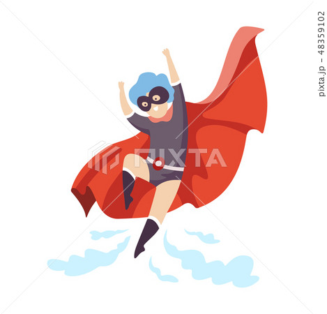 Cute Boy Wearing Superhero Costume Flying, Super Child Character in Mask and Red Cape Vector 48359102