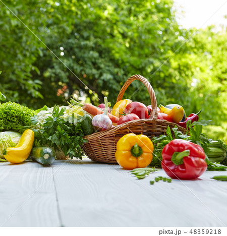 Fresh organic vegetables and fruits on wood table Fresh organic vegetables and fruits on wood table 48359218