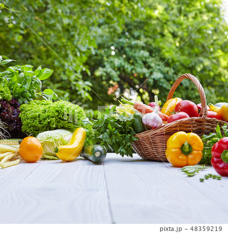 Fresh organic vegetables and fruits on wood table Fresh organic vegetables and fruits on wood table 48359219