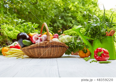 Fresh organic vegetables and fruits on wood table 48359220