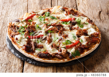Barbecue pulled pork pizza with cheese, pepper 48360788