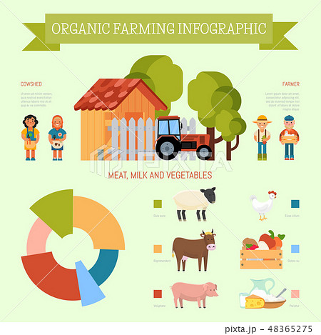 Organic farming infographic banner, poster vector illustration. Cartoon farmers and cowsheds with 48365275
