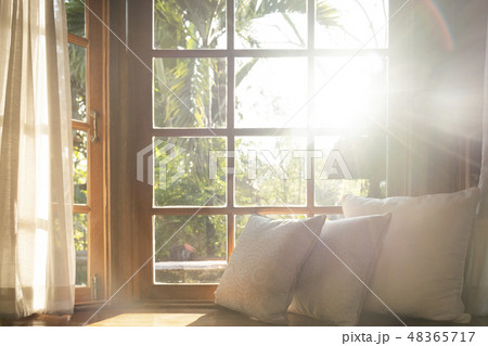 Living room with sofa and white curtain. 48365717