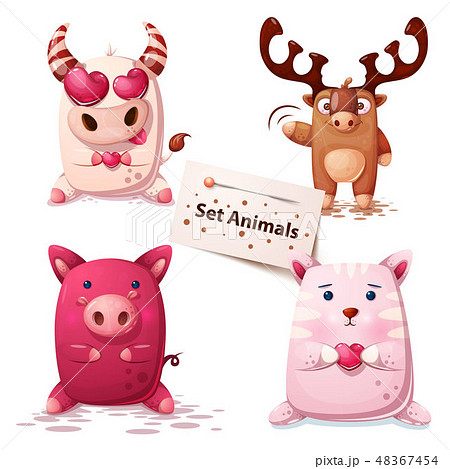 Cow, deer, pig, cat -set animals. Cow, deer, pig, cat -set animals. 48367454