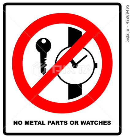 No metallic articles or watches, No access for people with metallic implants signs No metallic articles or watches, No access for people with metallic implants signs 48369495