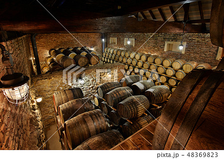 Rows of alcoholic drums in stock. Distillery. Cognac, whiskey, wine, brandy. Alcohol in barrels Rows of alcoholic drums in stock. Distillery. Cognac, whiskey, wine, brandy. Alcohol in barrels 48369823