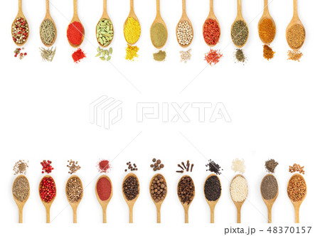 mix of spices in wooden spoon isolated on a white background with copy space for your text. Top view 48370157