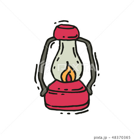 Pink vintage lantern with glowing fire wick in doodle style. Retro gas lamp. Camping equipment. Hand Pink vintage lantern with glowing fire wick in doodle style. Retro gas lamp. Camping equipment. Hand 48370365