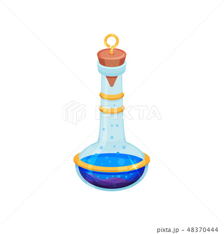 Flat vector design of bottle with bright blue potion. Glass flask with lid. Toxic liquid. Magic 48370444