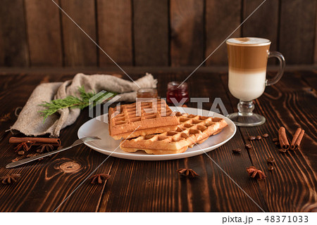 Tasty fresh Vienna wafers, jam and cup of coffee  48371033