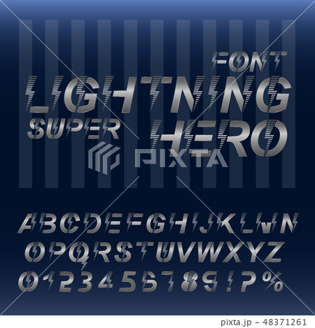Lightning Super hero font alphabet. Silver metallic letters and numbers. Lightning Super hero font alphabet. Silver metallic letters and numbers. 48371261