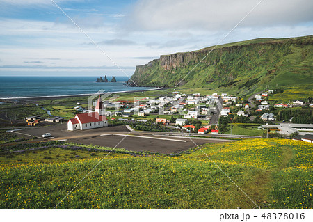 Beautiful town of Vik i Myrdal Iceland in summer. Beautiful town of Vik i Myrdal Iceland in summer. 48378016