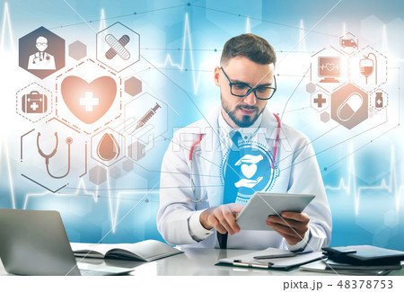 Doctor with Medical Healthcare Graphic in Hospital Doctor with Medical Healthcare Graphic in Hospital 48378753