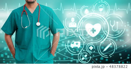 Doctor with Medical Healthcare Graphic in Hospital Doctor with Medical Healthcare Graphic in Hospital 48378822