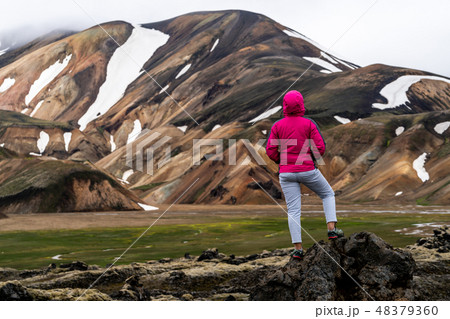 Traveler Hike at Landmannalaugar Iceland Highland Traveler Hike at Landmannalaugar Iceland Highland 48379360