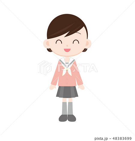 白襟セーラー・灰色の制服の女の子　ピンクのカーディガン 48383699