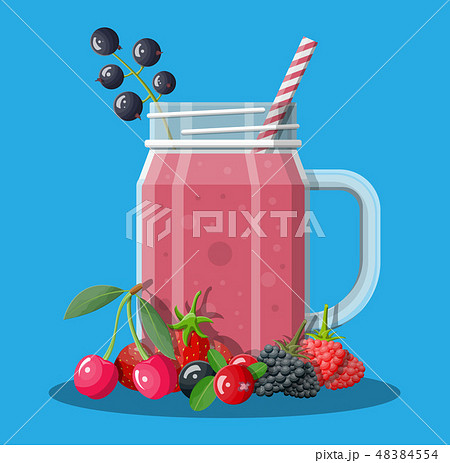 Jar with mixed berries smoothie with striped straw Jar with mixed berries smoothie with striped straw 48384554