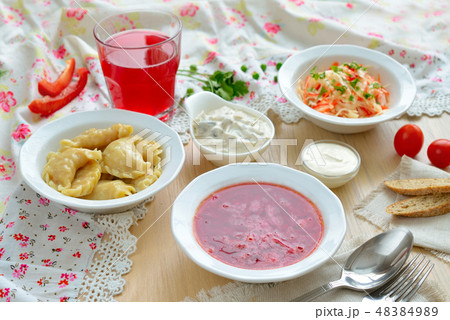 Borsch and vareniki. Traditional Ukrainian lunch. Borsch and vareniki. Traditional Ukrainian lunch. 48384989
