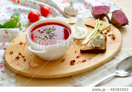 Borsch - hot beet soup with sour cream. 48385002