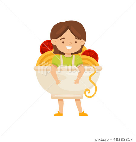 Cute little girl dressed as bowl of noddles with tomatoes. Funny costume for carnival. Flat vector 48385817