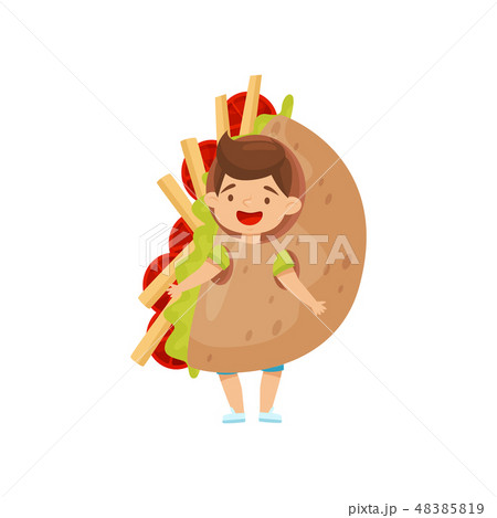 Little boy wearing Mexican fajita costume. Cheerful kid in carnival outfit. Cartoon character. Flat 48385819