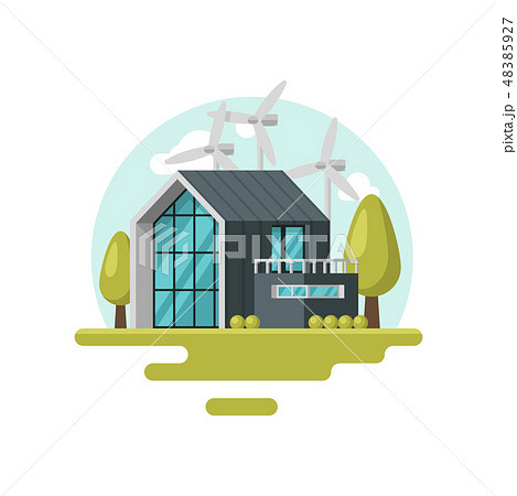 Flat vector icon with modern living house, wind turbines, green trees and bushes. Eco-friendly Flat vector icon with modern living house, wind turbines, green trees and bushes. Eco-friendly 48385927