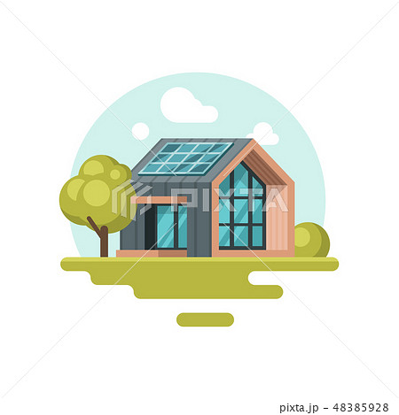Modern eco-friendly house with solar panel on roof. Renewable energy. Residential building. Go green Modern eco-friendly house with solar panel on roof. Renewable energy. Residential building. Go green 48385928