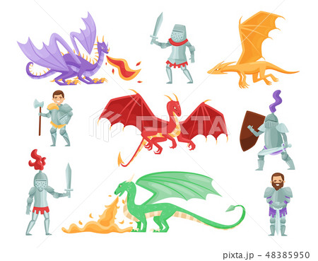 Flat Vector Set Of Armored Knights And Large のイラスト素材