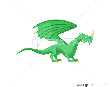 Flat Vector Of Bright Green Dragon With Large のイラスト素材