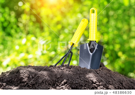 Garden tools in pile of ground against foliage 48386630