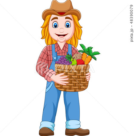 Cartoon girl farmer holding a basket of vegetable  48390079