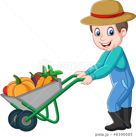 Cartoon young farmer pushing a wheelbarrow full  48390085