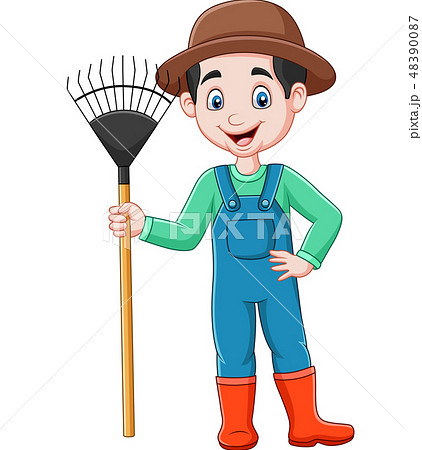 Cartoon farmer holding a rake 48390087