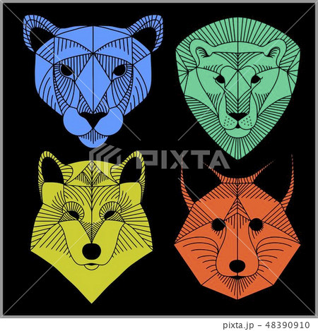 Set of polygonal animals. Polygonal logos. Geometric set of wolf, fox, jaguar, lion. 48390910